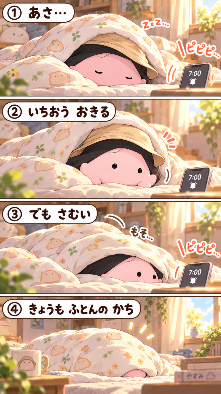 朝7時、布団から出たくないまんまるを描いた縦長4コマ漫画