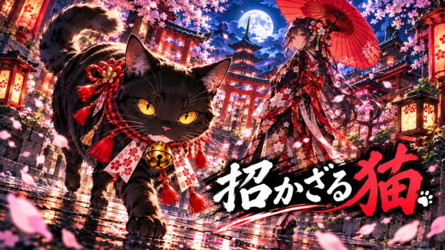月夜の神社を歩く黒猫と和傘の女性。「招かざる猫」サムネイル