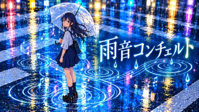 雨の街で透明傘を差す少女と、水面に広がる音符と波紋。「雨音コンチェルト」サムネイル